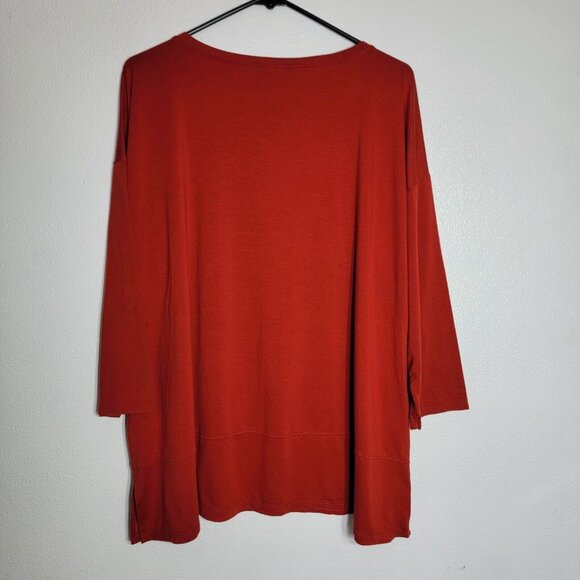 Eileen Fisher Tencel Top Size Large Red 3/4 Sleeve Side Slits Pullover Stretch - Picture 2 of 3